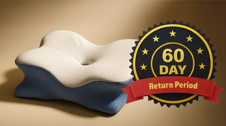 Derila Ergo pillow with 60 day return period badge